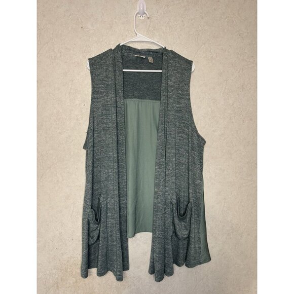 LOGO by Lori Goldstein Women's Green Space Dye Knit Vest w/ Satin Trim Size 2X - Picture 2 of 7